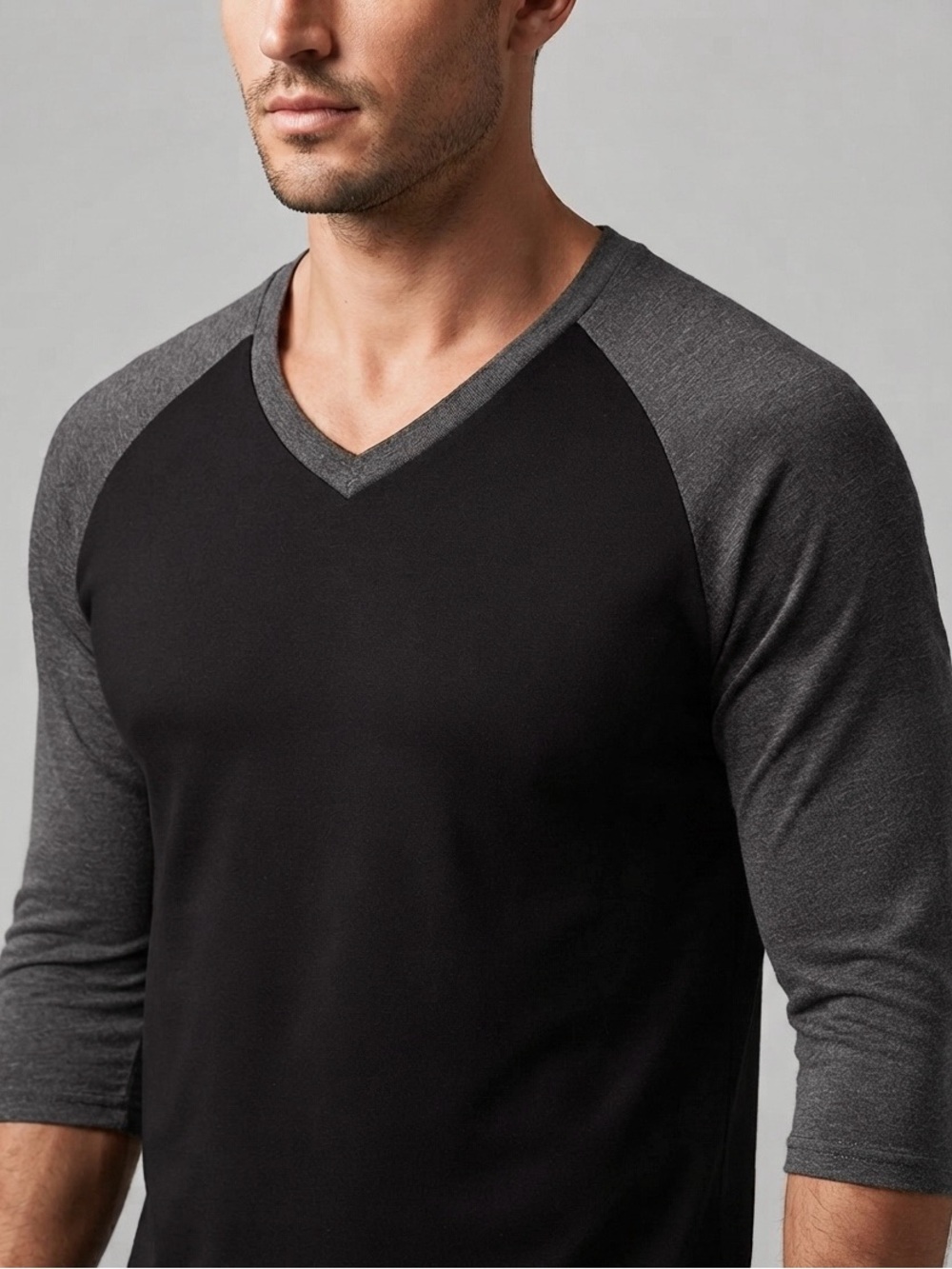 GUC Vetemin Black Charcoal Raglan V-Neck Shirt Tee T-Shirt Mens L Large Cotton
